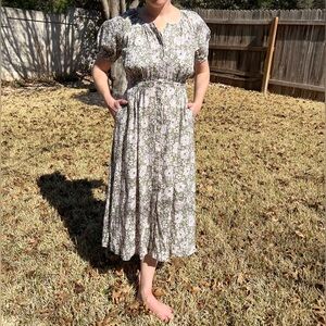 Linen floral Puff Sleeve Maxi Dress brooks brothers